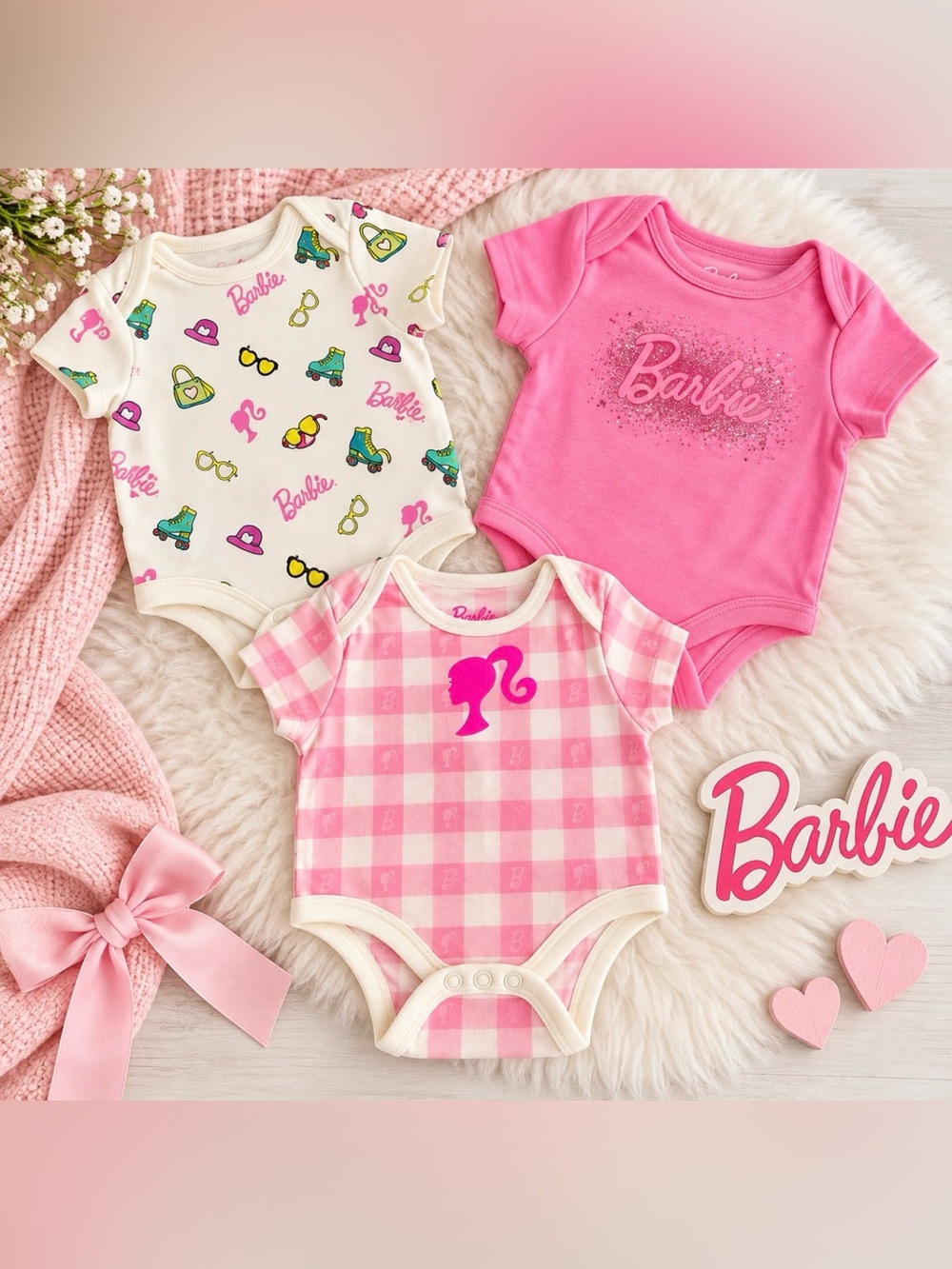 Barbie Baby Girl 0-3M 3-Piece Bodysuit Bundle Pink Gingham Barbiecore